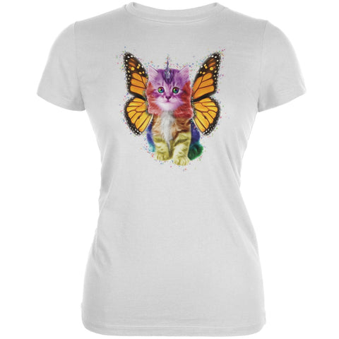 Rainbow Butterfly Unicorn Kitten White Juniors Soft T-Shirt
