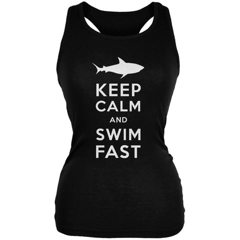 Shark Keep Calm and Swim Fast Black Juniors Soft Tank Top