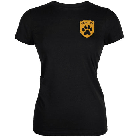 Dog Dogwalker Badge Makes Frequent Stops Black Juniors Soft T-Shirt