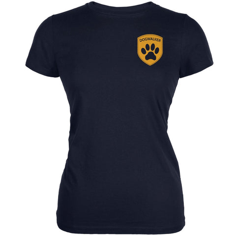 Dog Dogwalker Badge Makes Frequent Stops Navy Juniors Soft T-Shirt