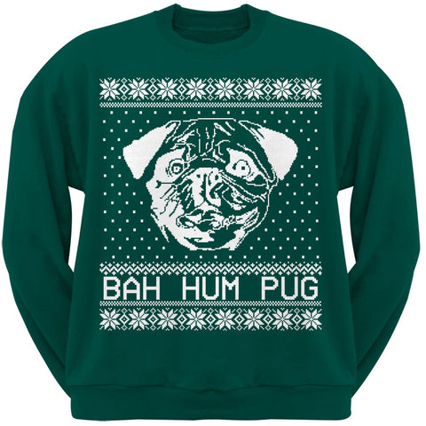 Bah Hum Pug Ugly Christmas Sweater Dark Green Adult Crew Neck Sweatshirt