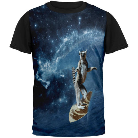 Surfing Lemur IN SPACE Adult Black Back T-Shirt