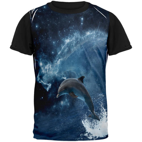 Dolphin IN SPACE Ocean Wave Adult Black Back T-Shirt