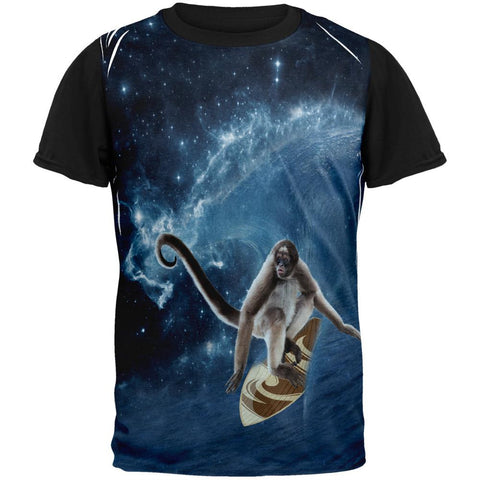 Surfing Spider Monkey IN SPACE Adult Black Back T-Shirt