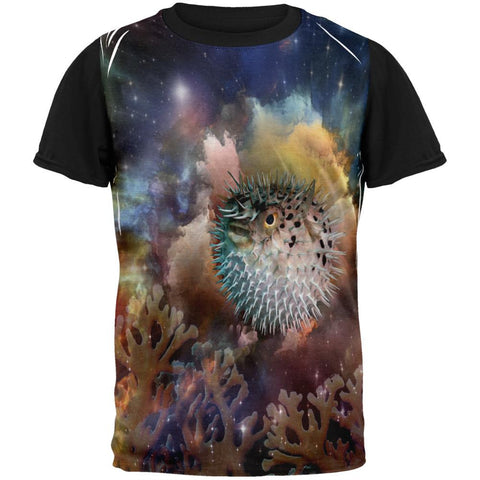 Pufferfish IN SPACE Adult Black Back T-Shirt