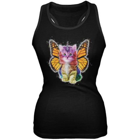 Rainbow Butterfly Unicorn Kitten Black Juniors Soft Tank Top