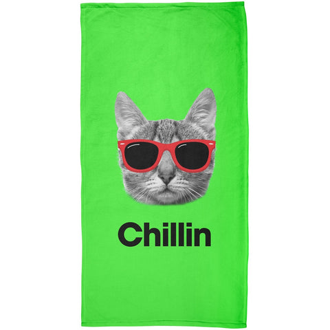 Chillin Cat Green All Over Plush Beach Towel