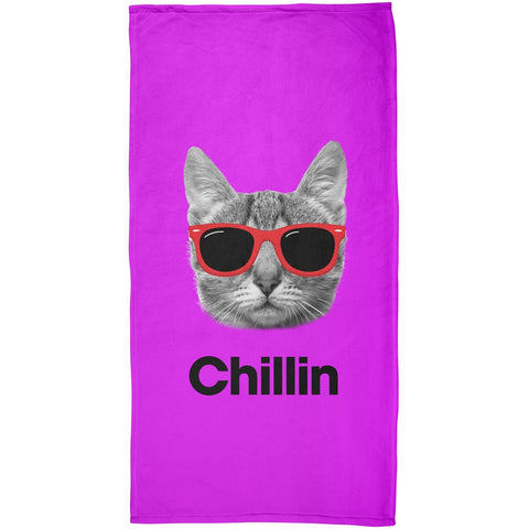 Chillin Cat Purple All Over Plush Beach Towel