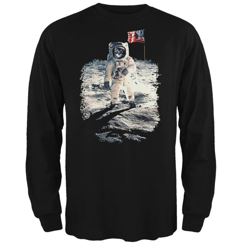 Cat Moon Landing Black Adult Long Sleeve T-Shirt