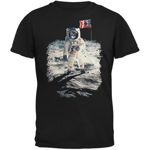 Cat Moon Landing Black Adult T-Shirt