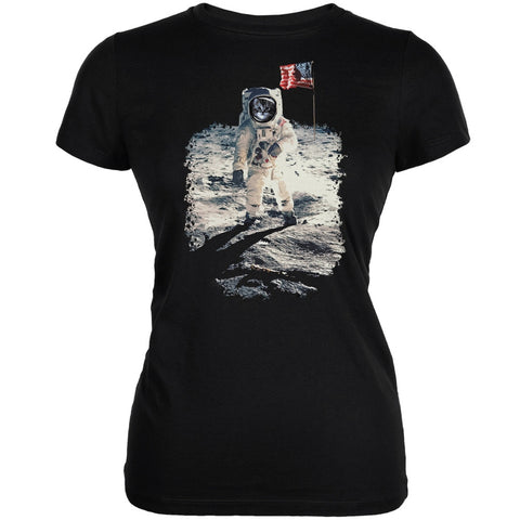 Cat Moon Landing Black Juniors Soft T-Shirt