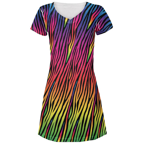 Rainbow Zebra Stripes All Over Juniors V-Neck Dress