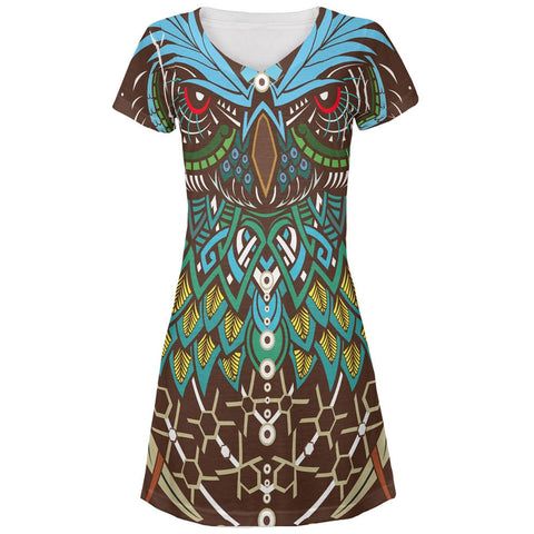 Trippy Owl All Over Juniors V-Neck Dress