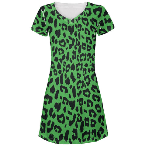 Green Cheetah Print All Over Juniors V-Neck Dress