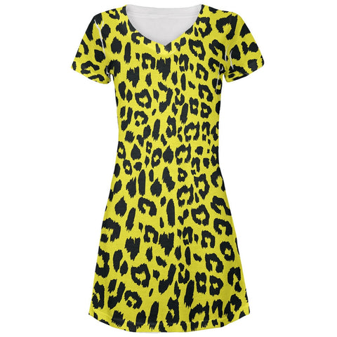 Yellow Cheetah Print All Over Juniors V-Neck Dress