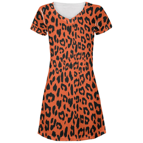 Orange Cheetah Print All Over Juniors V-Neck Dress