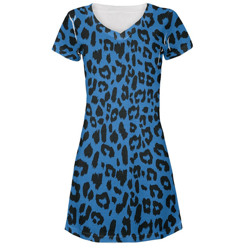 Blue Cheetah Print All Over Juniors V-Neck Dress