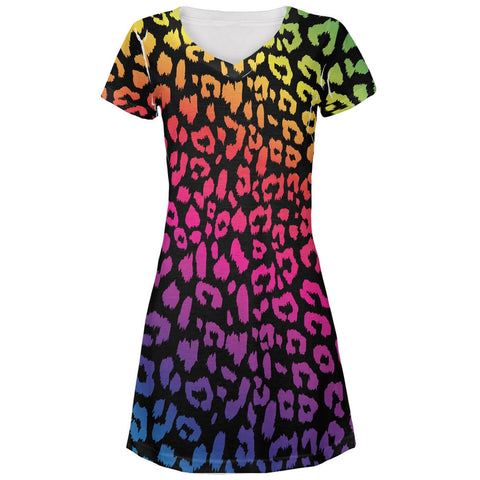 Rainbow Cheetah Print All Over Juniors V-Neck Dress