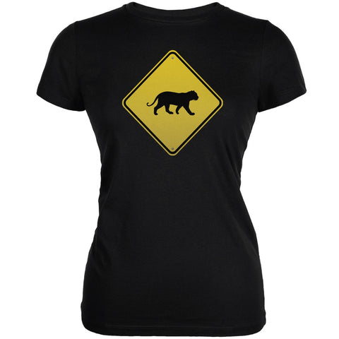 Cheetah Crossing Sign Black Juniors Soft T-Shirt