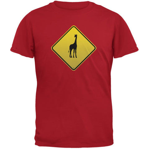 Giraffe Crossing Sign Red Adult T-Shirt