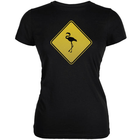 Flamingo Crossing Sign Black Juniors Soft T-Shirt