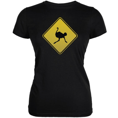 Ostrich Crossing Sign Black Juniors Soft T-Shirt