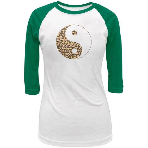 Cheetah Print Yin Yang White/Kelly Green Juniors 3/4 Raglan T-Shirt