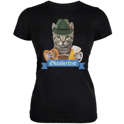 Oktoberfest Funny Cat Black Juniors Soft T-Shirt