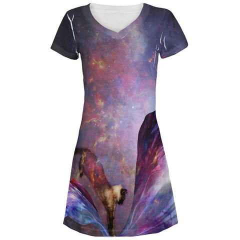 Galaxy Cat Time and Space All Over Juniors V-Neck Dress