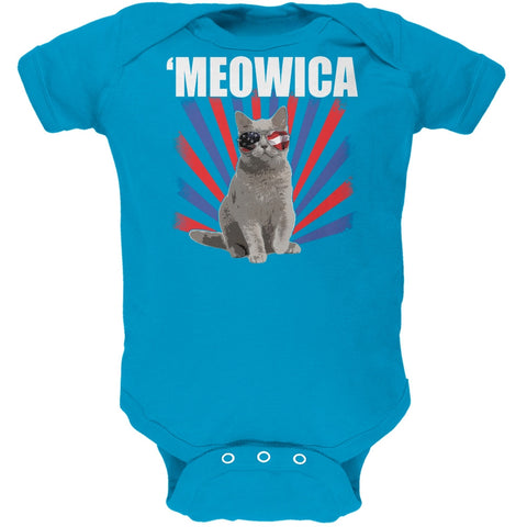 Cat 4th of July Meowica Turquoise Soft Baby One Piece