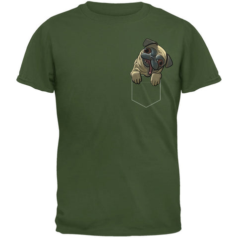 Pocket Pet Pug Military Green Adult T-Shirt