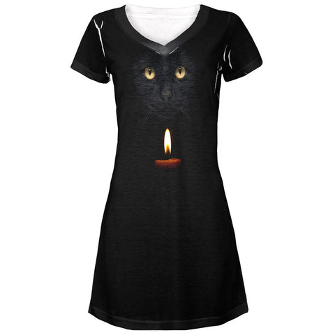 Halloween Black Cat By Candle Light All Over Juniors V-Neck Dress