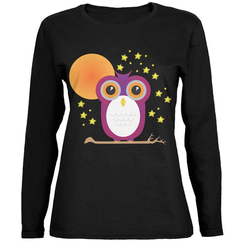 Halloween Starry Night Owl Black Womens Long Sleeve T-Shirt