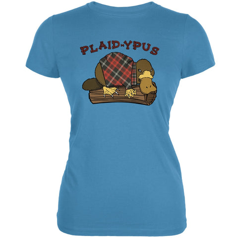 Funny Platypus Plaid-ypus Aqua Juniors Soft T-Shirt