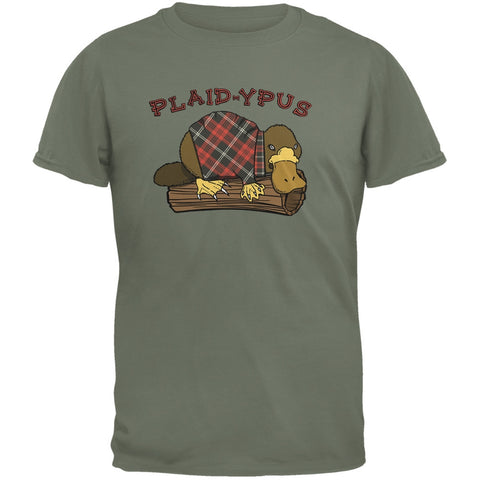 Funny Platypus Plaid-ypus Military Green Adult T-Shirt