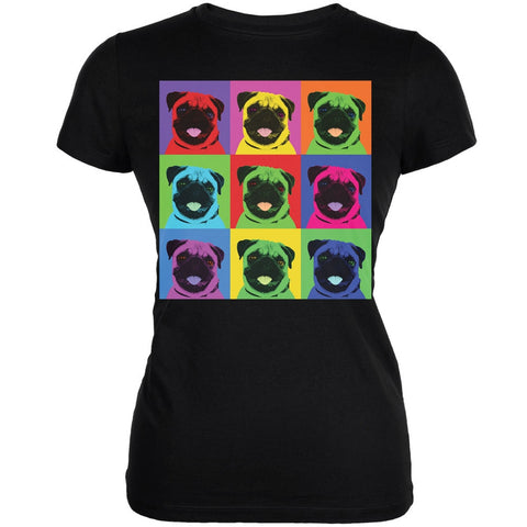 Pug Pop Art Repeating Squares Black Juniors Soft T-Shirt
