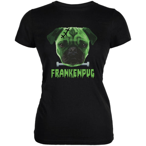 Halloween Franken Pug Dog Black Juniors Soft T-Shirt