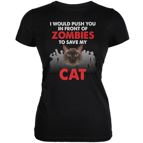 I Would Push You Zombies Cat Black Juniors Soft T-Shirt
