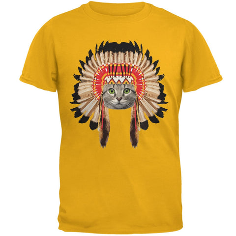 Thanksgiving Funny Cat Native American Gold Adult T-Shirt