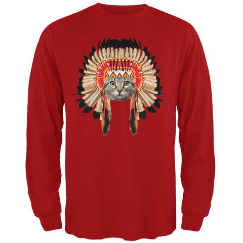 Thanksgiving Funny Cat Native American Red Adult Long Sleeve T-Shirt