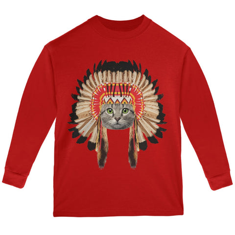 Thanksgiving Funny Cat Native American Red Youth Long Sleeve T-Shirt