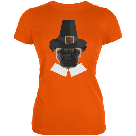 Thanksgiving Funny Pug Pilgrim Orange Juniors Soft T-Shirt