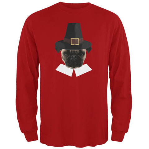 Thanksgiving Funny Pug Pilgrim Red Adult Long Sleeve T-Shirt