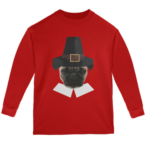 Thanksgiving Funny Pug Pilgrim Red Youth Long Sleeve T-Shirt