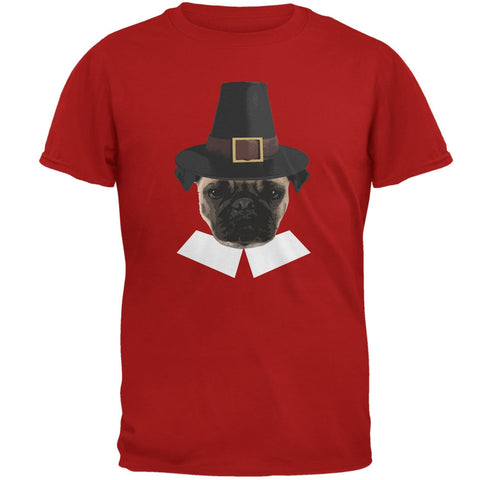 Thanksgiving Funny Pug Pilgrim Red Adult T-Shirt