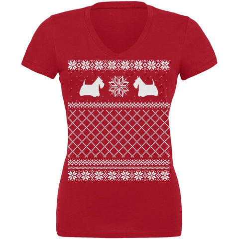 Scottish Terrier Ugly Christmas Sweater Red Juniors V-Neck T-Shirt