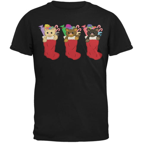 Christmas Stockings 3 Teddies Black Adult T-Shirt