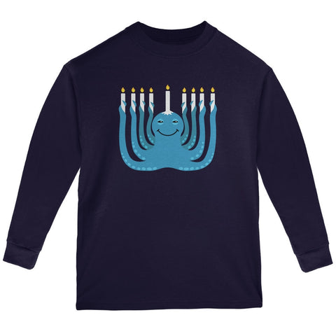 Hanukkah Menorah-ctopus Funny Octopus Navy Youth Long Sleeve T-Shirt