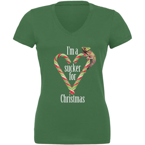 Sucker For Christmas Chameleon Leaf Juniors V-Neck T-Shirt