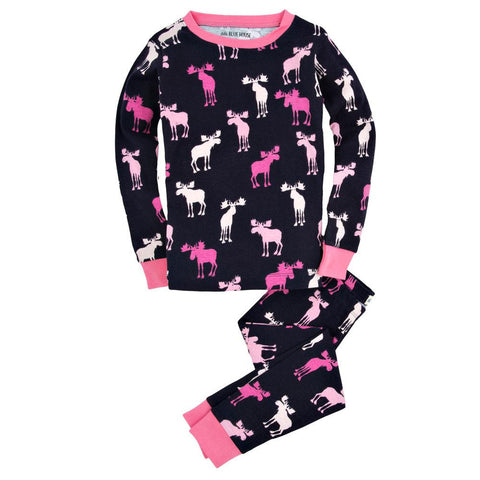 Pink And Navy Moose Girls Toddler Pajama Set
